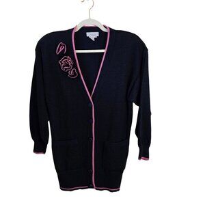 Vintage Schrader Navy Long Line V Neck Cardigan Sweater 3D Flower Unique Size M
